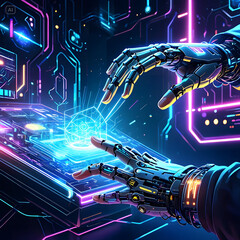 A futuristic scene featuring a human hand and a robotic hand reaching towards each other, fingertips