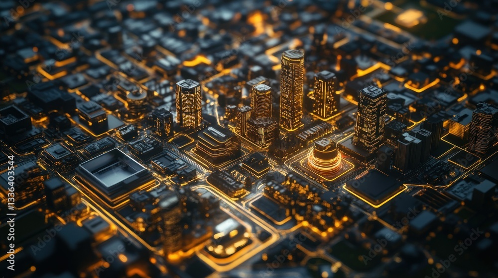 Poster a futuristic glowing cityscape rendered in a digital circuit style