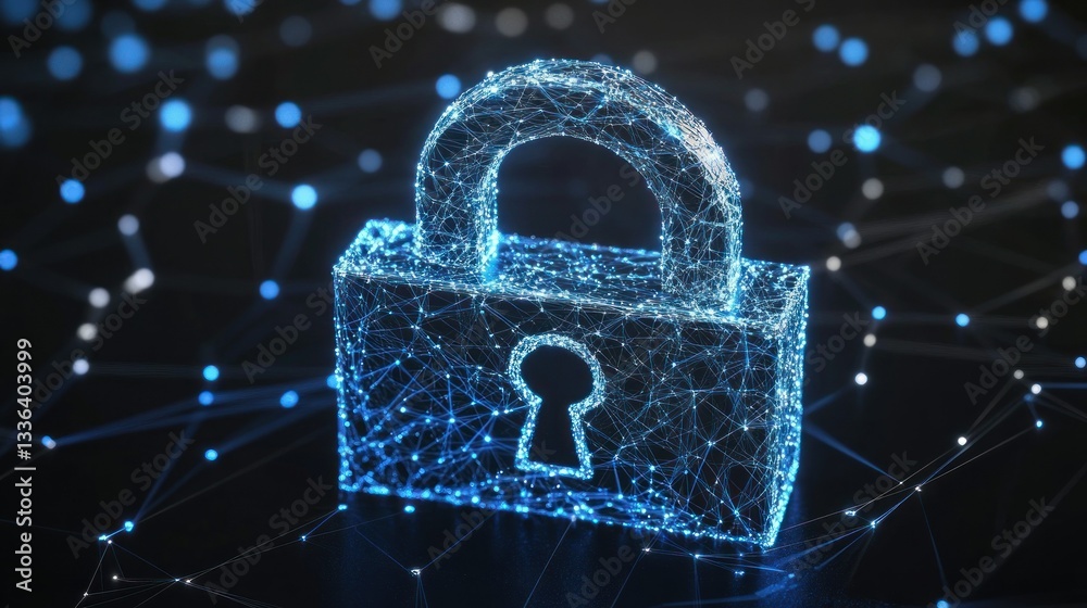 Poster A digitally rendered padlock connected with network lines and dots