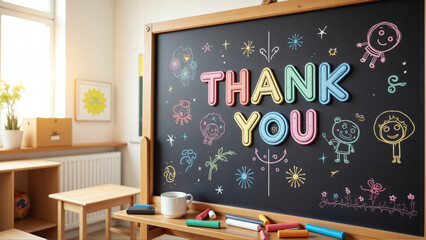 Colorful Magnetic Thank You Letters on Classroom Easel with Children's Drawings
