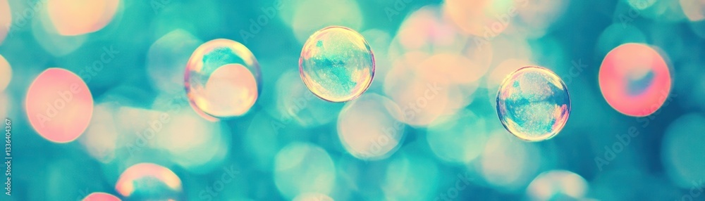 Poster floating soap bubbles with a blurred background in vibrant colors