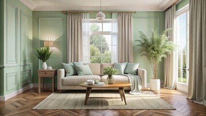 Serene Living Room Interior Design with Soft Hues and Natural Light Featuring a Comfortable Sofa, Wooden Coffee Table, and Lush Greenery