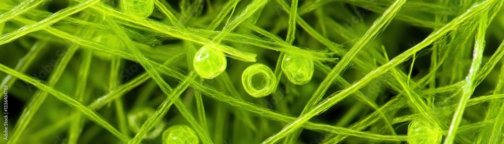 Poster Close up view of green fibers and rounded transparent structures