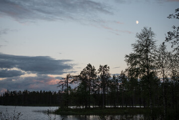 Evening sky and the moon by a small lake in the forests of eastern Finland in summer