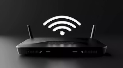 A wireless internet router with antennas broadcasts strong signals, supporting digital communication and smart connectivity in a futuristic comic book illustration style.