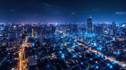 Obraz premium Cityscape at night, connected network, aerial view, futuristic, use for technology, business or travel
