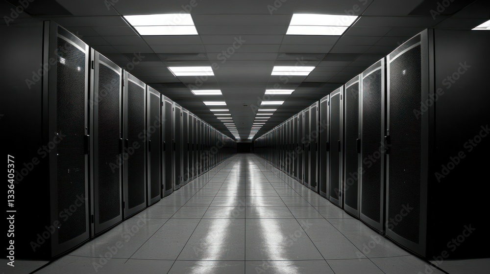 Poster Rows of server racks illuminate a dark computer data center