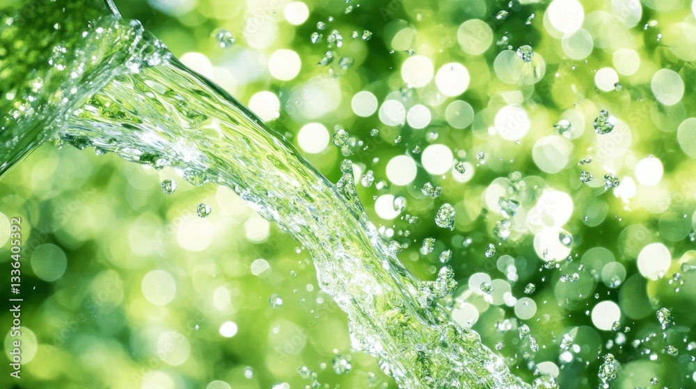 Aufkleber water flowing quickly with sparkling droplets and green background