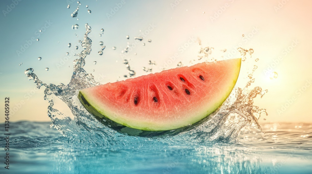 Poster a slice of juicy watermelon creating a refreshing water splash