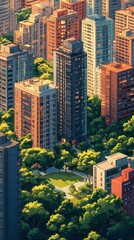 Obraz premium A vibrant urban landscape showcasing modern skyscrapers surrounded by lush green parks, blending nature and architecture beautifully.