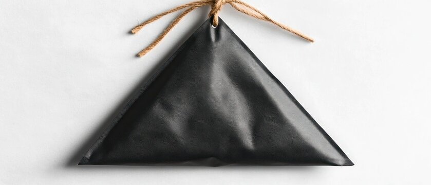A black triangular package is tied with a twine string