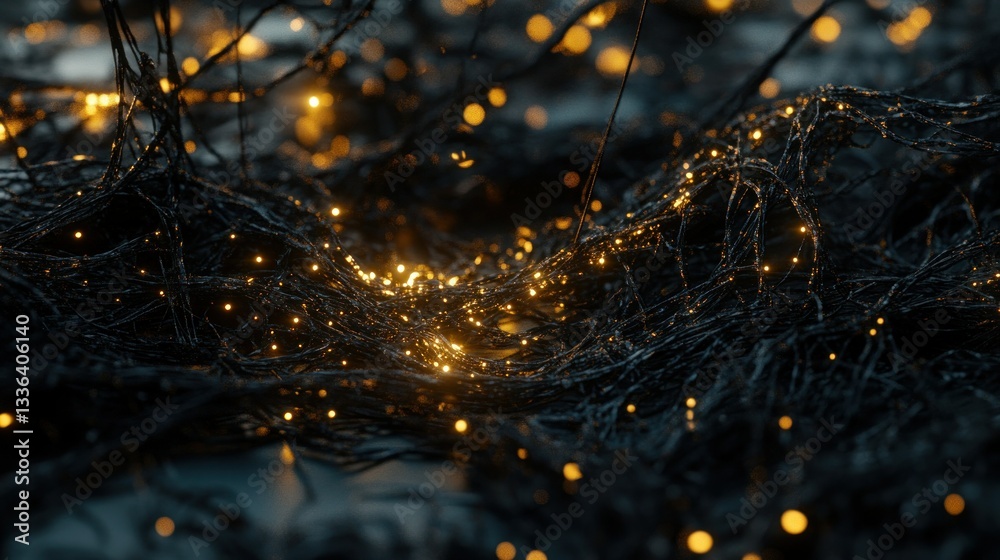 Poster abstract image of glowing particles woven through dark fibers