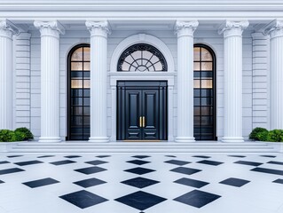 Fototapeta premium Elegant entrance of a grand building with columns and patterned flooring