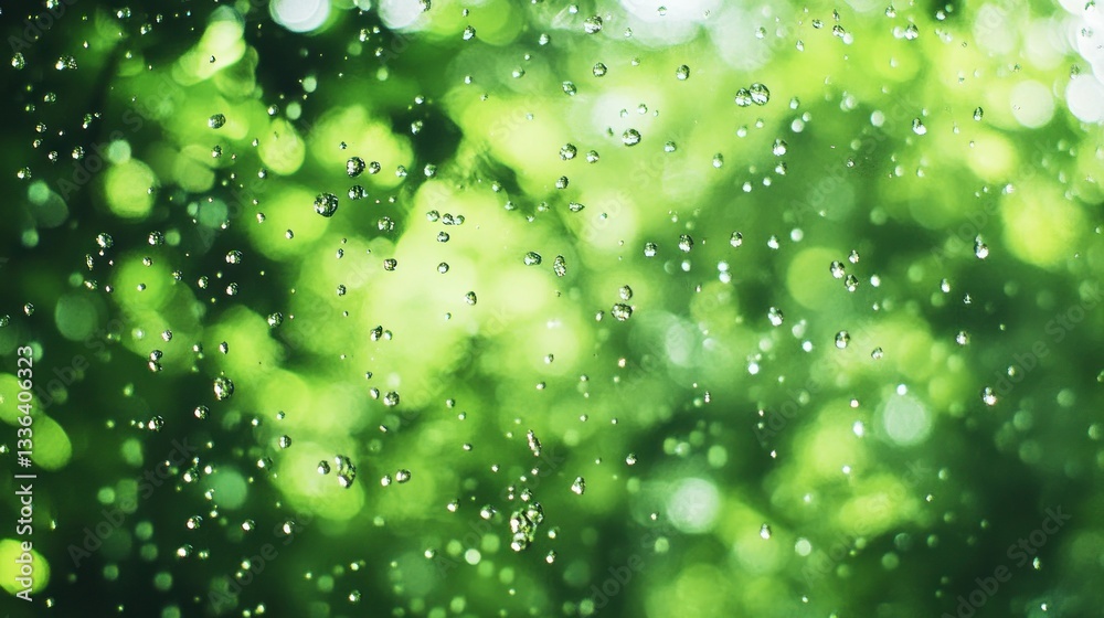 Poster raindrops falling in front of a green leafy background