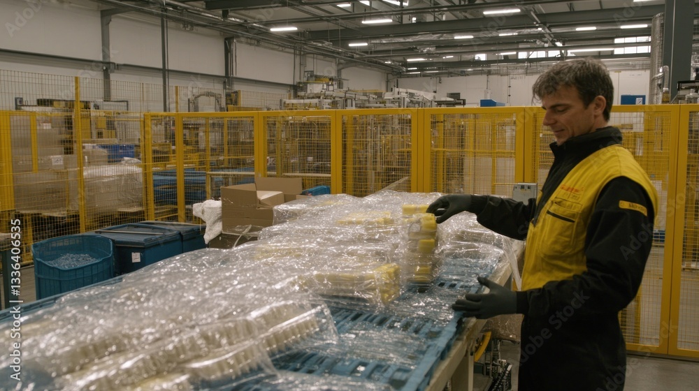 Poster a worker sorting items on a conveyor belt inside a facility