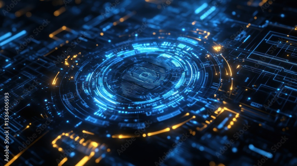 Poster a digital circuit board displays glowing lines and circles