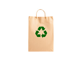 A brown paper shopping bag with a green recycling symbol, featuring sturdy handles, promoting sustainability, eco-friendly packaging, isolated on a transparent background