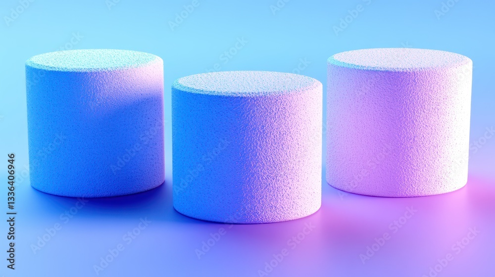 Poster three textured cylindrical shapes with gradient lighting effects are displayed