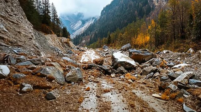 Mountain road obstructed by a rockfall after heavy rains in a remote alpine landscape