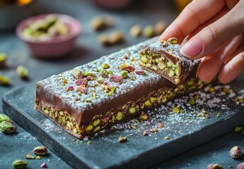 Fototapeta premium Hand reaches for a textured chocolate bar topped with pistachios on slate board.