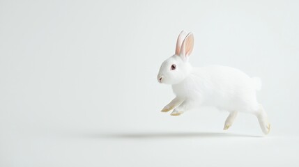 Obraz premium 3d rendering of a white rabbit in mid-air. the rabbit is facing towards the right side of the image and appears to be in motion. it has long, pointed ears and a small nose.