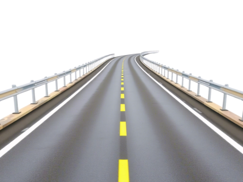 A smooth asphalt highway with bright yellow dashed lines and white edges, curving into the distance, flanked by sturdy metal guardrails, isolated on a transparent background