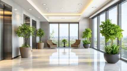 Obraz premium A bright modern office lobby with plants and large windows