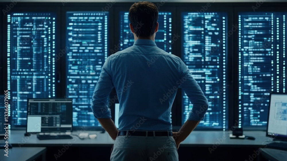 Poster A man contemplates data displayed in a server control room setting