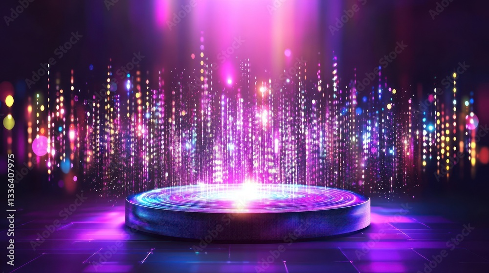 Poster A futuristic glowing platform displaying illuminated particles and light beams