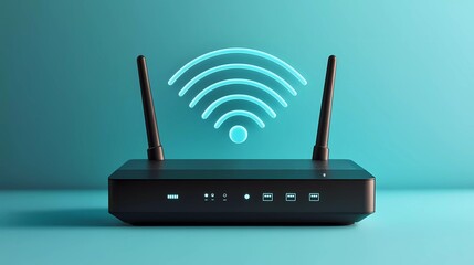 A wireless internet router with antennas broadcasts strong signals, supporting digital communication and smart connectivity in a futuristic comic book illustration style.