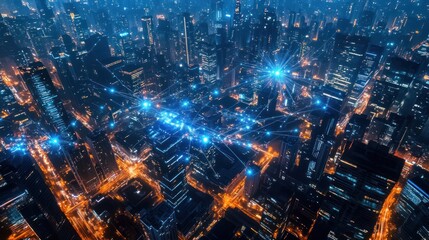 Aerial view of illuminated city at night with network connection. Possible use Stock photo for technology, urban, night background