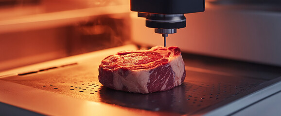 Raw beef steak on a metallic surface, undergoing a process with a machine above, showcasing food technology and quality control