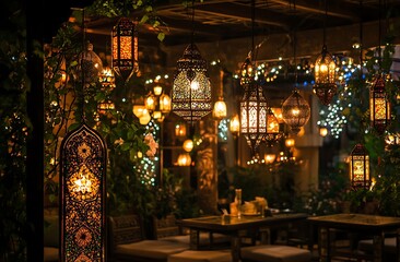 Obraz premium Elegant Moroccan Lanterns Warm Night Festive Lighting Design Decor Cozy Gold Glow Amber Brown Metal 
