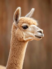 Naklejka premium Close-up portrait of a llama's head and neck. the llama is facing towards the right side of the image, with its head turned slightly to the left.