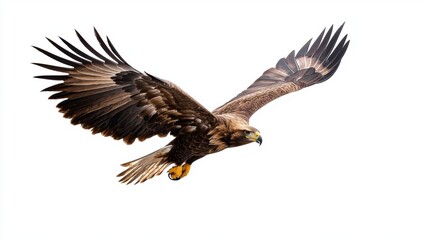 Photograph of a bird of prey, specifically an eagle, in flight. the bird is in the center of the image, with its wings spread wide and its head turned towards the right side of the frame.