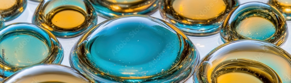Poster close up shot of multiple colorful glass ornaments in a row