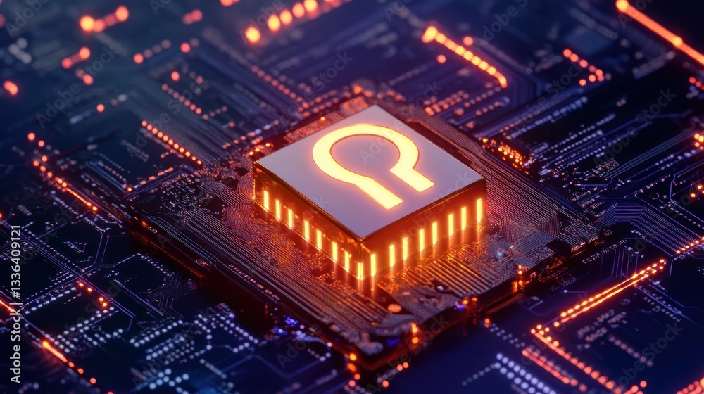 Poster a brightly lit circuit board with a unique glowing symbol