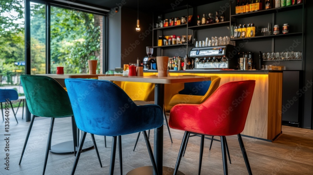Poster a modern cafe features a bar with colorful seating arrangements