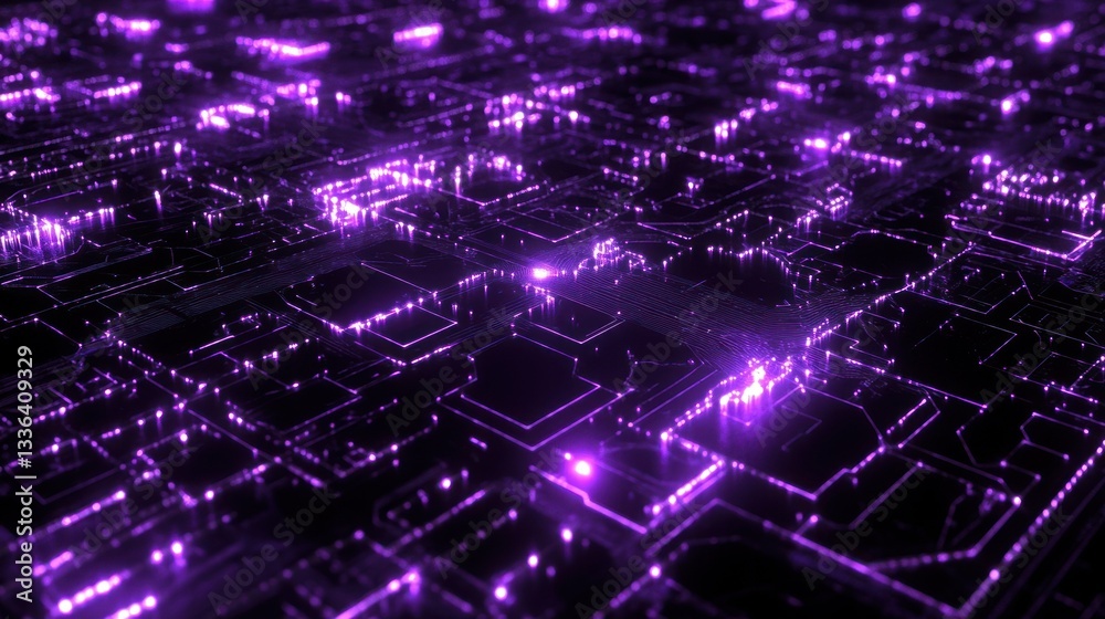 Poster a purple glowing illustration of a complex circuit board pattern