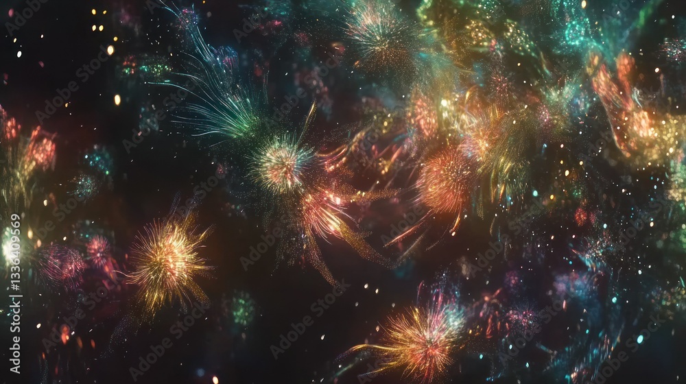 Poster Colorful swirling patterns of glowing particles in deep space