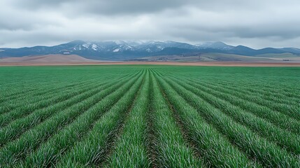 Green field rows, mountains, cloudy sky, agricultural landscape