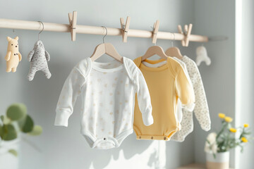 Freshly washed baby clothes hanging on a drying rack with wooden clothespins.