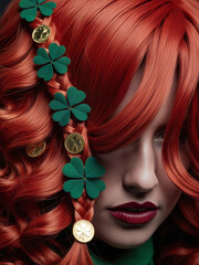Naklejka premium close-up face woman with red wavy hair and braided leaves of clover and gold coins