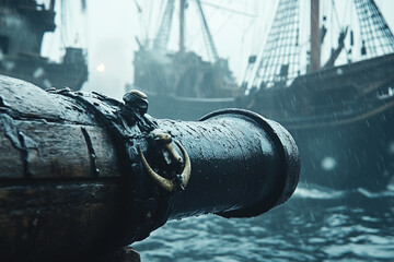 Medieval galleon cannon ready for action during a naval battle in turbulent waters