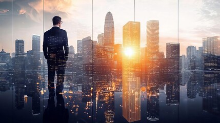 Business Team Building Teamwork Brainstorming Seminar Businessman observing city skyline at sunset.