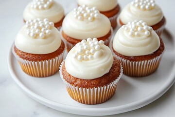 a snow marble surface a plate with cupcakes white coat on top covered with small pearl specks  
