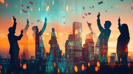 Business Team Building Teamwork Brainstorming Seminar Celebrating success in a vibrant city skyline.