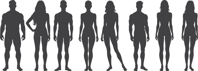 Silhouettes of black and white men and women standing vector illustration set collection