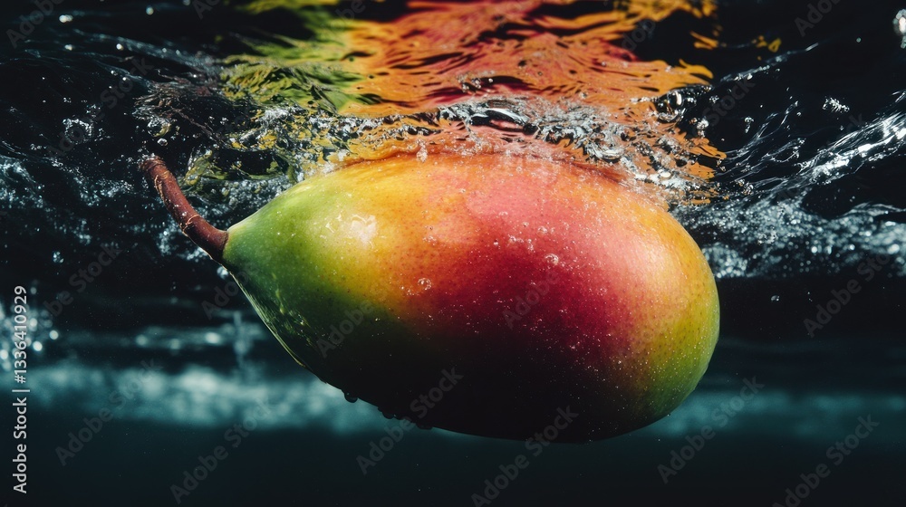 Poster A colorful mango submerged in water with bubbles around it