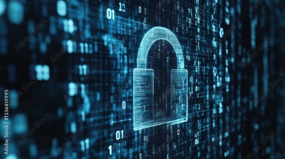 Poster Digital Lock Symbol Overlayed On Binary Code Background Illustrates Security